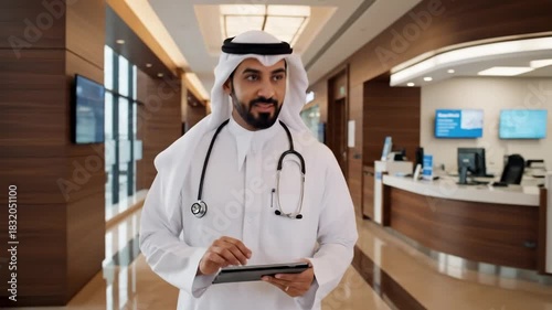 A doctor in traditional attire walks in a modern hospital hallway, holding a tablet
