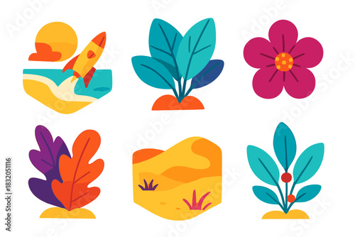 Colorful illustrations of nature and adventure elements in a vibrant style showcasing plants, flowers, and a rocket