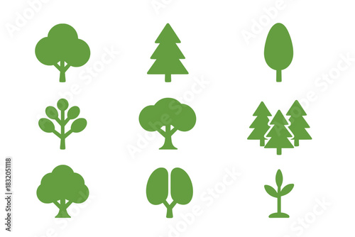 Various green tree icons arranged in a grid showcasing different types and shapes of trees