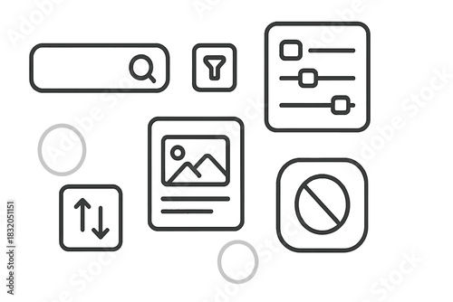 Digital icons depicting various functions like search, filters, and settings in a modern design