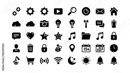 Clean black silhouette digital icon set. Versatile UI/UX symbols for modern web and mobile applications, covering navigation, communication, tools, and multimedia