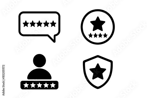 Icons representing user reviews and ratings for online platforms and services in a simple black and white style