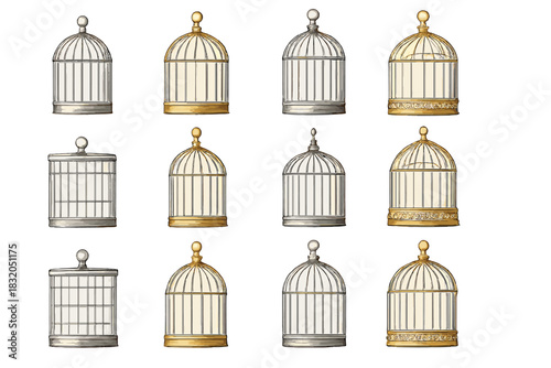 Decorative birdcages of various styles and colors arranged in a grid on a white background