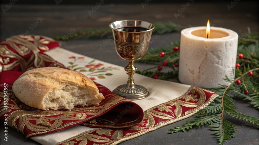 Fototapeta premium Communion elements with candle and festive holiday setting