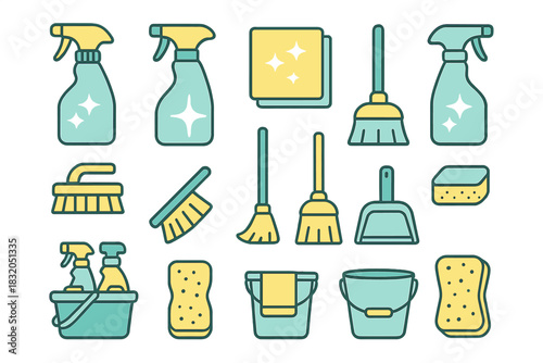 Cleaning supplies arranged neatly on a white background for home maintenance and hygiene tasks