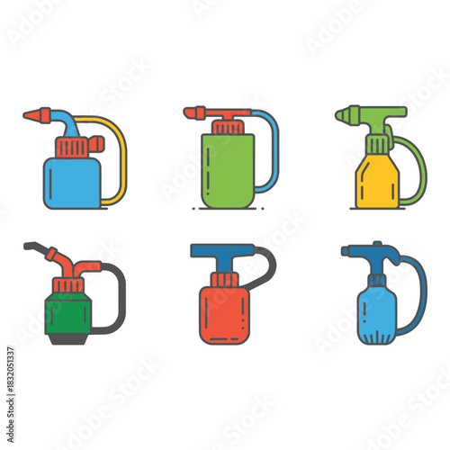 Collection of six colorful garden sprayer bottles with different nozzles