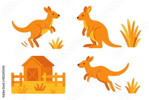 Colorful kangaroo illustrations in various poses in a grassland setting with a wooden hut and fence