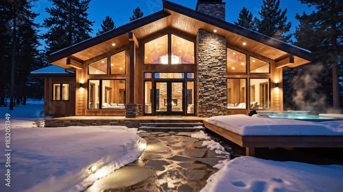 Luxurious wooden mountain lodge with steaming hot tub surrounded by snow and pine trees at twilight