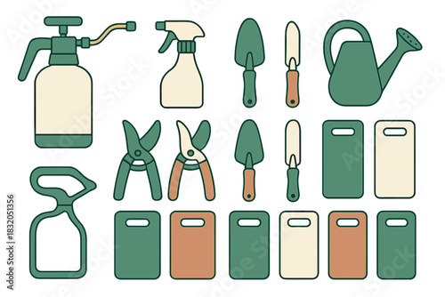 Various gardening tools and equipment displayed for outdoor and indoor plant care and maintenance