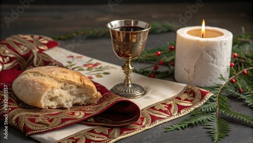 Communion elements with candle and festive holiday setting