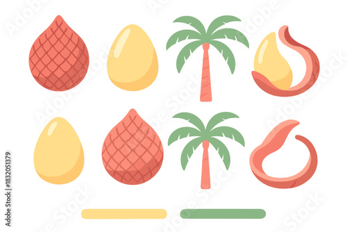 Colorful tropical fruit and palm tree illustrations arranged in a playful pattern on white background
