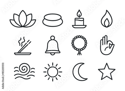 Spiritual symbols: lotus, meditation, candle, incense, bell, mala, flame, energy, star