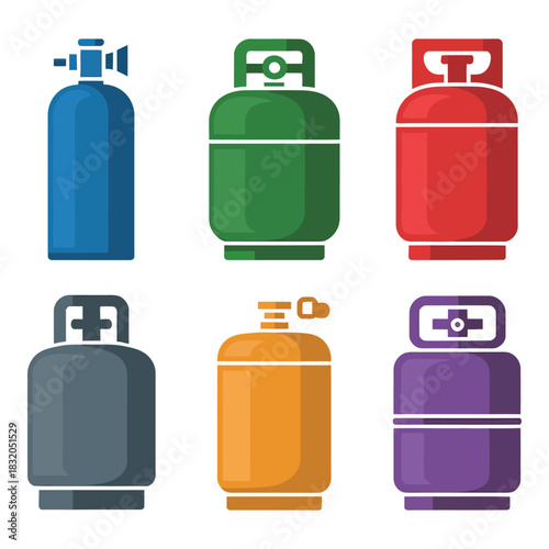 Collection of six colorful gas cylinders in a grid layout