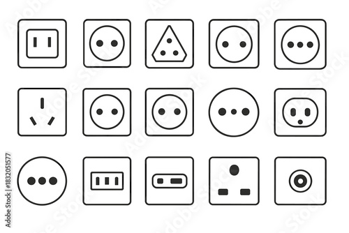 Different types of electrical outlets and plug designs for various regions and devices