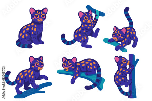 Colorful cartoon cats playing and climbing on branches in a whimsical jungle setting during the daytime