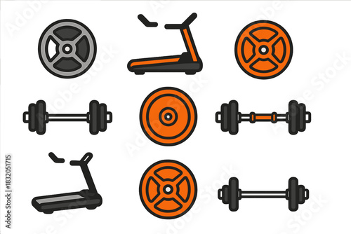 Fitness equipment set with various workout tools and machines designed for weightlifting and cardio exercises