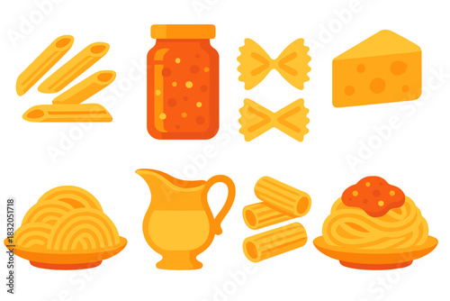 Colorful pasta ingredients and dishes arranged on a table in a fun and inviting design