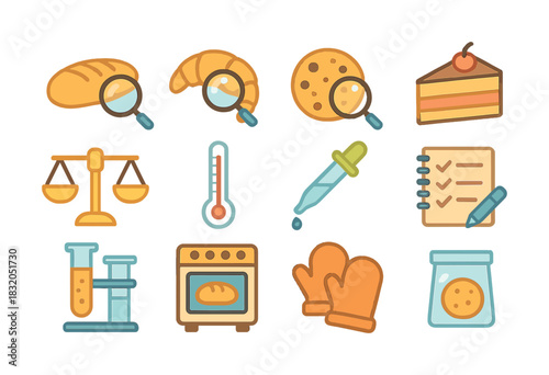 Baking and cooking icons: bread, cake, thermometer, scale, test tubes, notepad