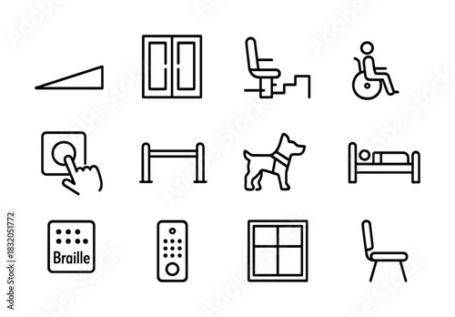 Accessibility icons: ramp, braille, wheelchair, and assistance dog symbols