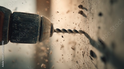 Power drill driving screws into drywall close-up in slow motion during interior construction