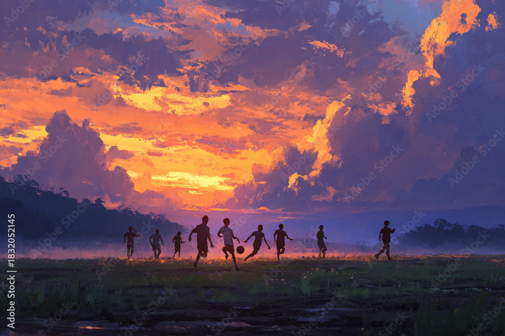 Fototapeta premium Children playing soccer during a vibrant sunset on a grassy field with silhouetted figures against a dramatic cloudy sky