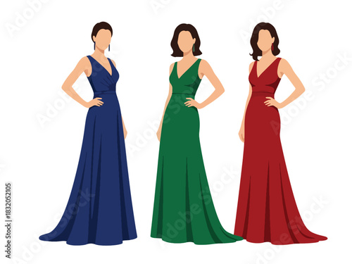 Flat vector set of glamorous confident women wearing elegant gowns and heels, perfect for luxury lifestyle visuals and high-fashion branding