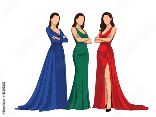 Flat vector set of glamorous confident women wearing elegant gowns and heels, perfect for luxury lifestyle visuals and high-fashion branding
