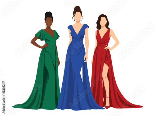 Flat vector set of glamorous confident women wearing elegant gowns and heels, perfect for luxury lifestyle visuals and high-fashion branding