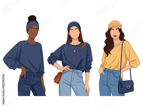 Flat vector set of stylish women in casual chic outfits with confident attitudes, ideal for modern lifestyle themes and fashion-oriented visuals