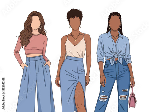 Flat vector set of stylish women in casual chic outfits with confident attitudes, ideal for modern lifestyle themes and fashion-oriented visuals