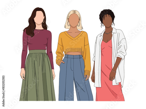 Flat vector set of stylish women in casual chic outfits with confident attitudes, ideal for modern lifestyle themes and fashion-oriented visuals