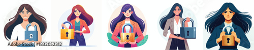 vector woman carrying padlock sign of privacy