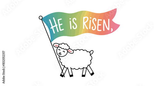 Cute cartoon sheep holding a rainbow flag with the words he is risen