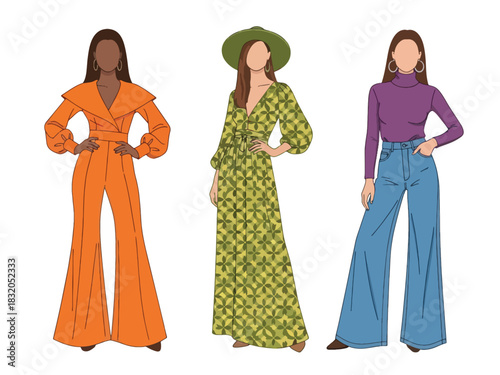 Flat vector set of stylish retro-inspired fashionable women in bold vintage outfits, ideal for nostalgic design themes and fashion artwork collections