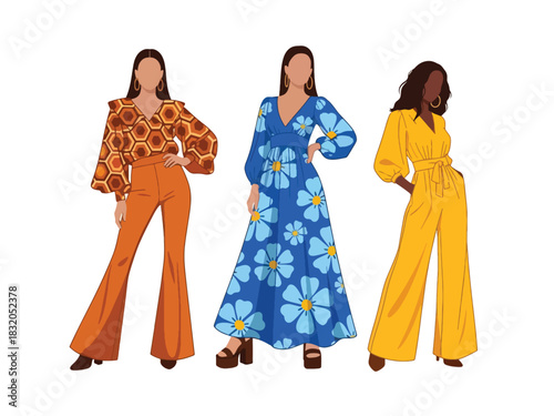 Flat vector set of stylish retro-inspired fashionable women in bold vintage outfits, ideal for nostalgic design themes and fashion artwork collections