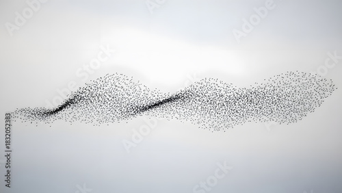 Murmuration of Starling Birds Forming Wave Shape in Sky