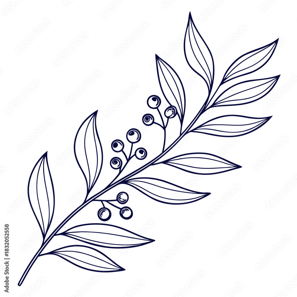 Obraz premium Dark blue outline of a berry branch with leaves on black background