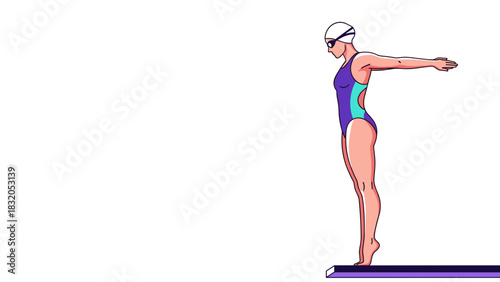Female swimmer preparing to dive from the starting block in competition  