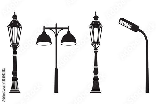 This image displays four distinct streetlights in silhouette against a white background. From left to right, we see two ornate, traditional lampposts with decorative tops, followed by a double-headed 