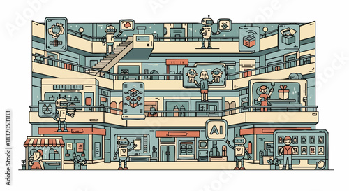 Pixel art illustration of a futuristic shopping mall with robots and people.