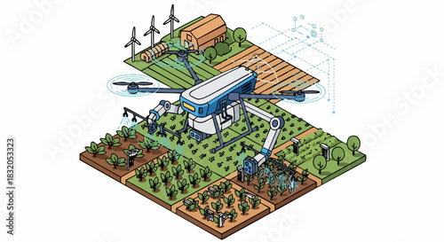 Modern agriculture drone and robotic arm in a smart farm field.