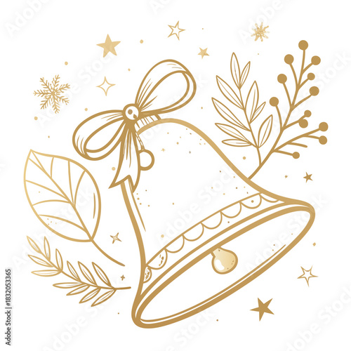 minimal christmas bell, smooth curved outline, small bow on top, clean stroke, pastel gold fill, elegant festive icon, isolated on pure white background, vector flat design
