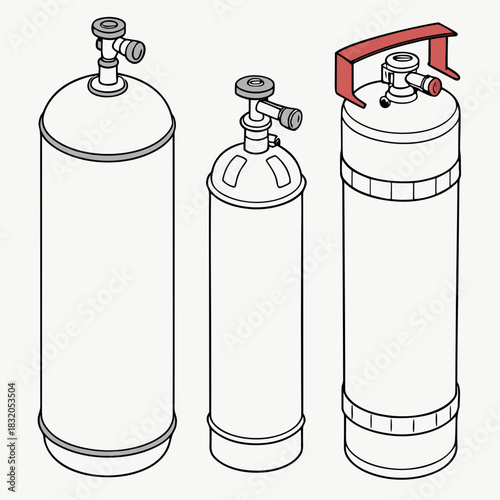 Three different types of gas cylinders with valves and handles shown in a clean line art isometric illustration