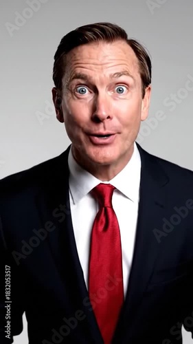 Man in suit and tie expressing shock, wide open mouth, eyes wide against plain background