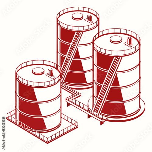 Industrial storage tanks with access ladders and connecting walkway in a stylized red line art illustration