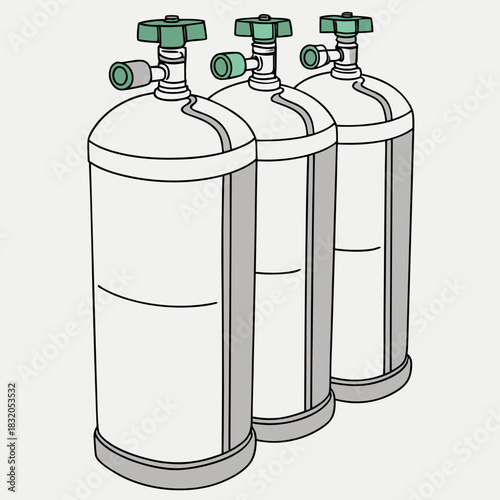 Three industrial gas cylinders with green valves lined up in a row on a plain background