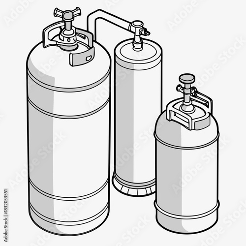 Illustration of three industrial gas cylinders connected by pipes and valves for storage and distribution