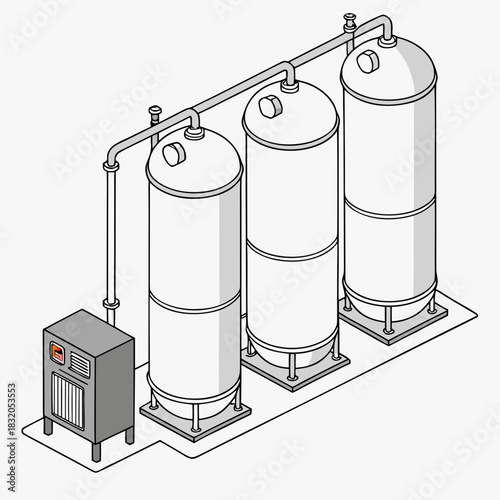 Industrial illustration of three tall cylindrical storage tanks connected by pipes and a control unit