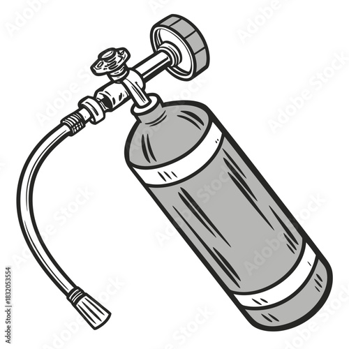 Illustration of a portable gas cylinder with a flexible hose and valve for industrial or medical use