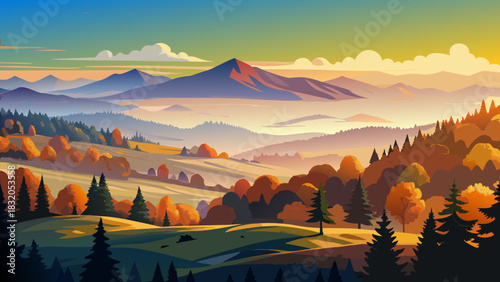 Very beautiful autumn sunrise over the Carpathian Mountains, showcasing colorful trees, glowing mist, peaceful meadows, and layered hills creating an enchanting and atmospheric morning nature scene.